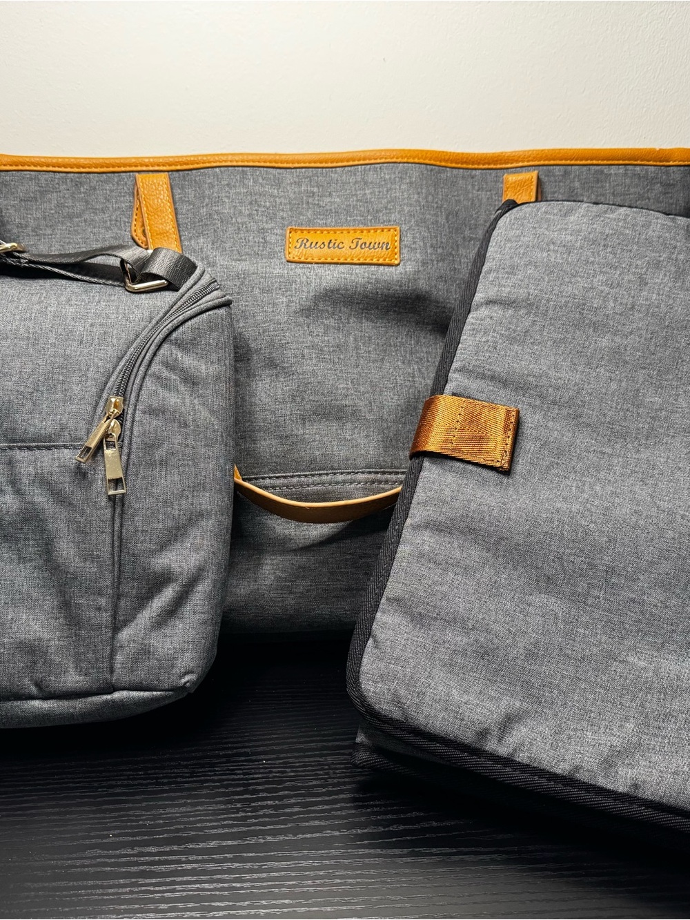 Gray and Tan Baby Diaper Bag Set